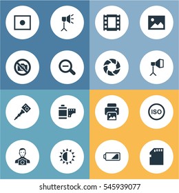 Set Of 16 Simple Photograph Icons. Can Be Found Such Elements As Cameraperson, Memory Card, Rustication And Other.