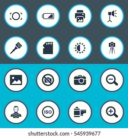 Set Of 16 Simple Photograph Icons. Can Be Found Such Elements As Light Level, Prohibited Camera, Rustication And Other.