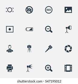 Set Of 16 Simple Photograph Icons. Can Be Found Such Elements As Flame Instrument, Film Strip, Prohibited Camera And Other.