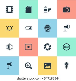 Set Of 16 Simple Photograph Icons. Can Be Found Such Elements As Apparatus Photographer, Memory Card, Luminous Origin And Other.