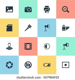 Set Of 16 Simple Photograph Icons. Can Be Found Such Elements As Movable Camcorder, Memory Card, Flame Instrument And Other.