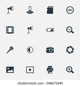 Set Of 16 Simple Photograph Icons. Can Be Found Such Elements As Inkjet, Apparatus Photographer, Film Strip And Other.