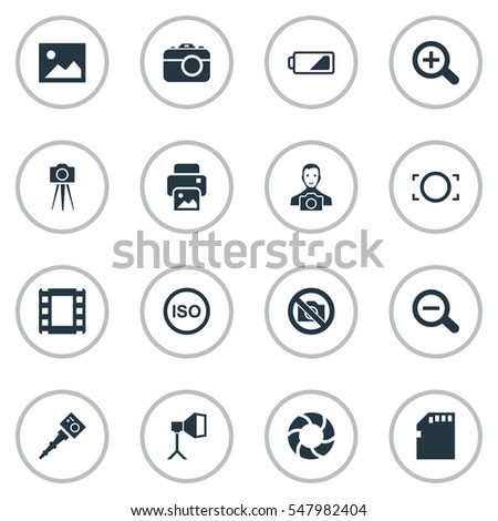 Set Of 16 Simple Photograph Icons. Can Be Found Such Elements As Inkjet, Film Strip, Cameraperson And Other.