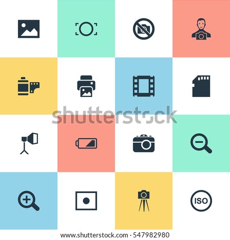 Set Of 16 Simple Photograph Icons. Can Be Found Such Elements As Photo Tape, Light Level, Flame Instrument And Other.