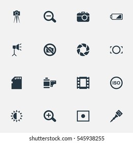 Set Of 16 Simple Photographer Icons. Can Be Found Such Elements As Camcorder, Photo Tape, Rustication And Other.