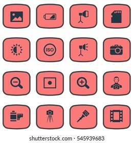 Set Of 16 Simple Photographer Icons. Can Be Found Such Elements As Photo Tape, Rustication, Film Strip And Other.