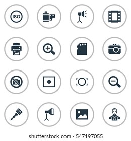 Set Of 16 Simple Photographer Icons. Can Be Found Such Elements As Photo Tape, Apparatus Photographer, Rim And Other.