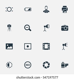 Set Of 16 Simple Photographer Icons. Can Be Found Such Elements As Light Level, Photo Tape, Apparatus Photographer And Other.