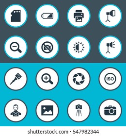 Set Of 16 Simple Photographer Icons. Can Be Found Such Elements As Movable Camcorder, Rustication, Camcorder And Other.