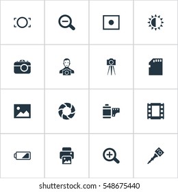 Set Of 16 Simple Photographer Icons. Can Be Found Such Elements As Movable Camcorder, Rustication, Memory Card And Other.