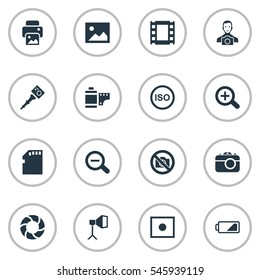 Set Of 16 Simple Photographic Icons. Can Be Found Such Elements As Memory Card, Movable Camcorder, Prohibited Camera And Other.