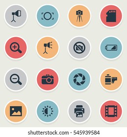 Set Of 16 Simple Photographic Icons. Can Be Found Such Elements As Photograph, Prohibited Camera, Rustication And Other.