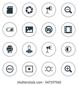 Set Of 16 Simple Photographic Icons. Can Be Found Such Elements As Rustication, Magnifying, Rim And Other.
