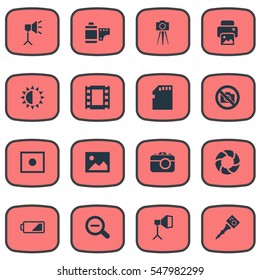 Set Of 16 Simple Photographic Icons. Can Be Found Such Elements As Flame Instrument, Apparatus Photographer, Camcorder And Other.