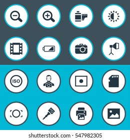 Set Of 16 Simple Photographic Icons. Can Be Found Such Elements As Rim, Photo Tape, Magnifying And Other.