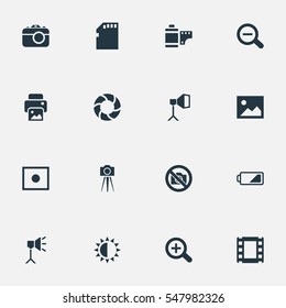 Set Of 16 Simple Photographic Icons. Can Be Found Such Elements As Camcorder, Brilliance, Luminous Origin And Other.