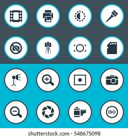 Set Of 16 Simple Photographic Icons. Can Be Found Such Elements As Luminous Origin, Registration, Camcorder And Other.