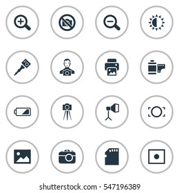 Set Of 16 Simple Photography Icons. Can Be Found Such Elements As Prohibited Camera, Rustication, Energy And Other.