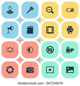 Set Of 16 Simple Photography Icons. Can Be Found Such Elements As Inkjet, Rustication, Apparatus Photographer And Other.