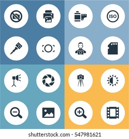 Set Of 16 Simple Photography Icons. Can Be Found Such Elements As Luminous Origin, Rustication, Cameraperson And Other.