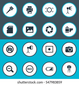 Set Of 16 Simple Photography Icons. Can Be Found Such Elements As Light Level, Registration, Photograph And Other.