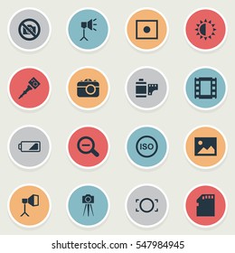 Set Of 16 Simple Photography Icons. Can Be Found Such Elements As Memory Card, Prohibited Camera, Film Strip And Other.