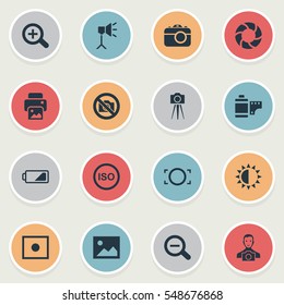 Set Of 16 Simple Photography Icons. Can Be Found Such Elements As Rim, Camcorder, Rustication And Other.