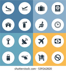 Set Of 16 Simple Plane Icons. Can Be Found Such Elements As Antenna , Alighting Plane, Handbag.