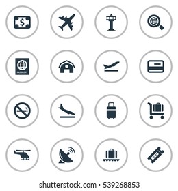 Set Of 16 Simple Plane Icons. Can Be Found Such Elements As Cigarette Forbidden, Global Research, Certificate Of Citizenship And Other.