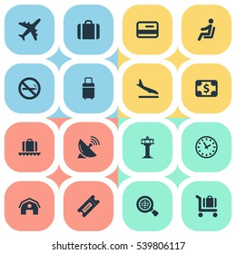 Set Of 16 Simple Plane Icons. Can Be Found Such Elements As Credit Card, Seat, Travel Bag And Other.