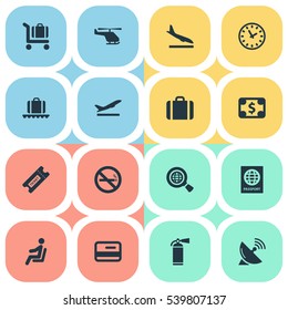 Set Of 16 Simple Plane Icons. Can Be Found Such Elements As Alighting Plane, Global Research, Watch And Other.