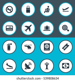 Set Of 16 Simple Plane Icons. Can Be Found Such Elements As Luggage Carousel, Takeoff, Flight Control Tower And Other.