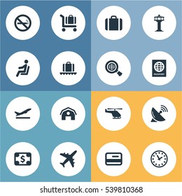 Set Of 16 Simple Plane Icons. Can Be Found Such Elements As Global Research, Certificate Of Citizenship, Watch And Other.