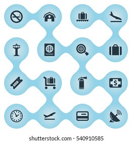 Set Of 16 Simple Plane Icons. Can Be Found Such Elements As Antenna, Takeoff, Protection Tool And Other.