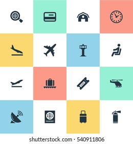 Set Of 16 Simple Plane Icons. Can Be Found Such Elements As Alighting Plane, Antenna, Certificate Of Citizenship And Other.