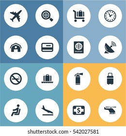 Set Of 16 Simple Plane Icons. Can Be Found Such Elements As Alighting Plane, Global Research, Plane And Other.