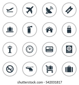 Set Of 16 Simple Plane Icons. Can Be Found Such Elements As Antenna, Cigarette Forbidden, Luggage Carousel And Other.
