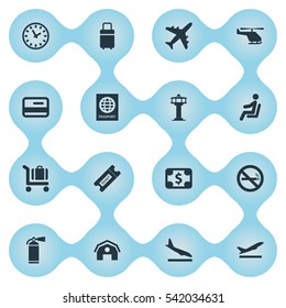 Set Of 16 Simple Plane Icons. Can Be Found Such Elements As Air Transport, Alighting Plane, Cigarette Forbidden And Other.