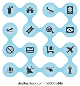 Set Of 16 Simple Plane Icons. Can Be Found Such Elements As Baggage Cart, Antenna, Luggage Carousel And Other.