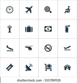 Set Of 16 Simple Plane Icons. Can Be Found Such Elements As Alighting Plane, Coupon, Garage And Other.