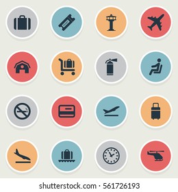Set Of 16 Simple Plane Icons. Can Be Found Such Elements As Handbag, Seat, Garage.