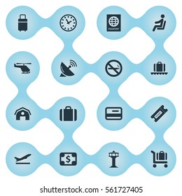 Set Of 16 Simple Plane Icons. Can Be Found Such Elements As Travel Bag, Air Transport, Watch And Other.