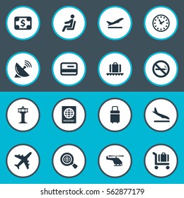 Set Of 16 Simple Plane Icons. Can Be Found Such Elements As Antenna, Certificate Of Citizenship, Credit Card And Other.