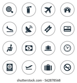 Set Of 16 Simple Plane Icons. Can Be Found Such Elements As Certificate Of Citizenship, Garage, Alighting Plane And Other.