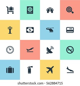 Set Of 16 Simple Plane Icons. Can Be Found Such Elements As Flight Control Tower, Credit Card, Protection Tool And Other.