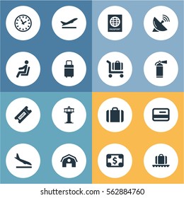 Set Of 16 Simple Plane Icons. Can Be Found Such Elements As Garage , Travel Bag, Handbag.
