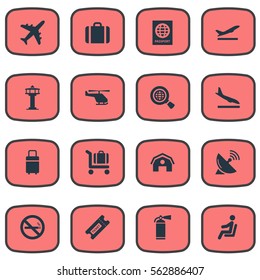 Set Of 16 Simple Plane Icons. Can Be Found Such Elements As Cigarette Forbidden, Handbag, Baggage Cart.