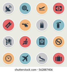 Set Of 16 Simple Plane Icons. Can Be Found Such Elements As Coupon, Protection Tool, Alighting Plane And Other.