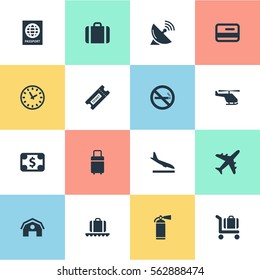 Set Of 16 Simple Plane Icons. Can Be Found Such Elements As Handbag, Alighting Plane, Protection Tool.