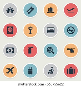 Set Of 16 Simple Plane Icons. Can Be Found Such Elements As Seat, Global Research, Luggage Carousel And Other.